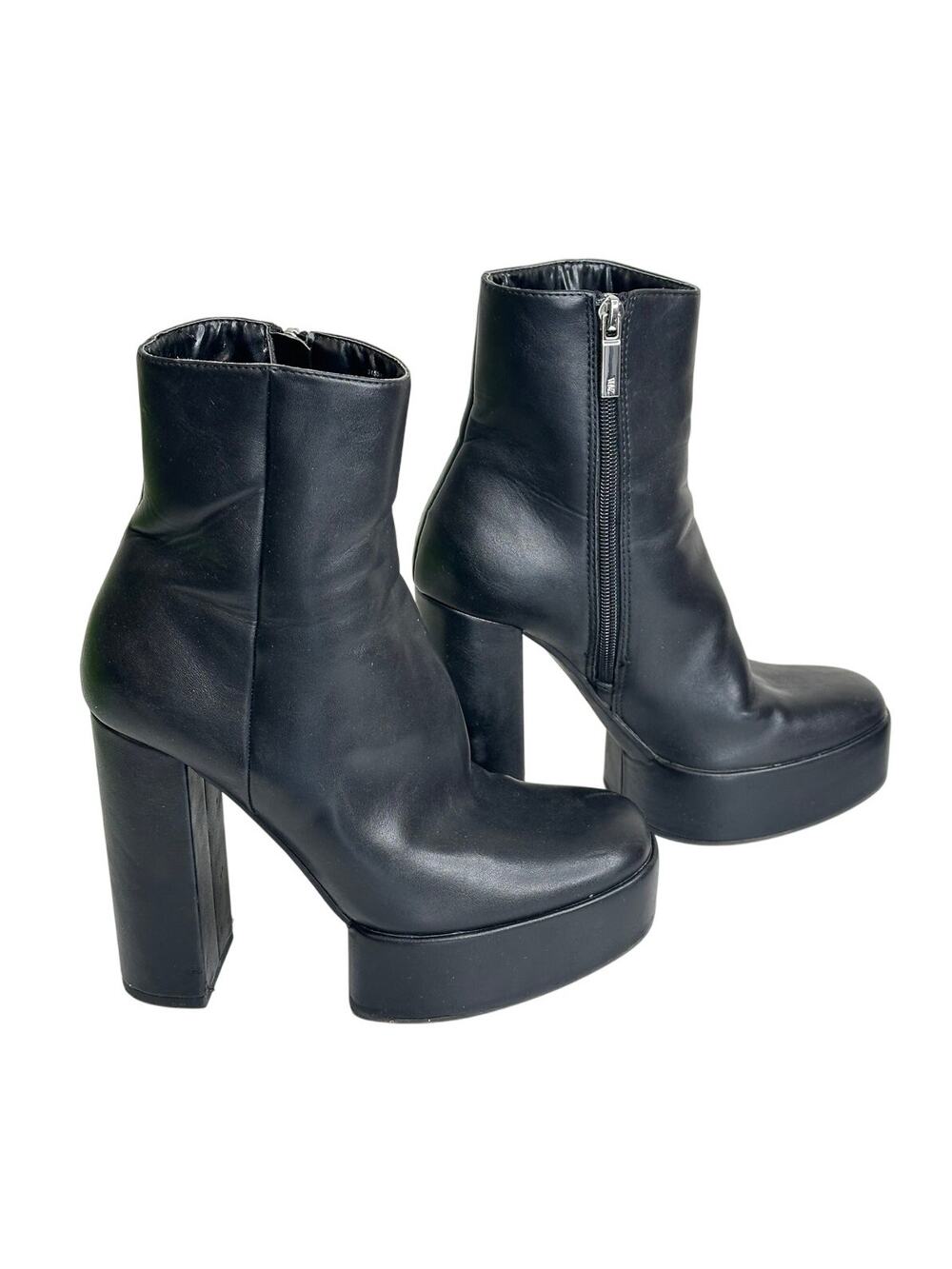 Zara Boots Womens 6 Black Faux Leather Platform Block Chunky Heel Mid Calf Zip